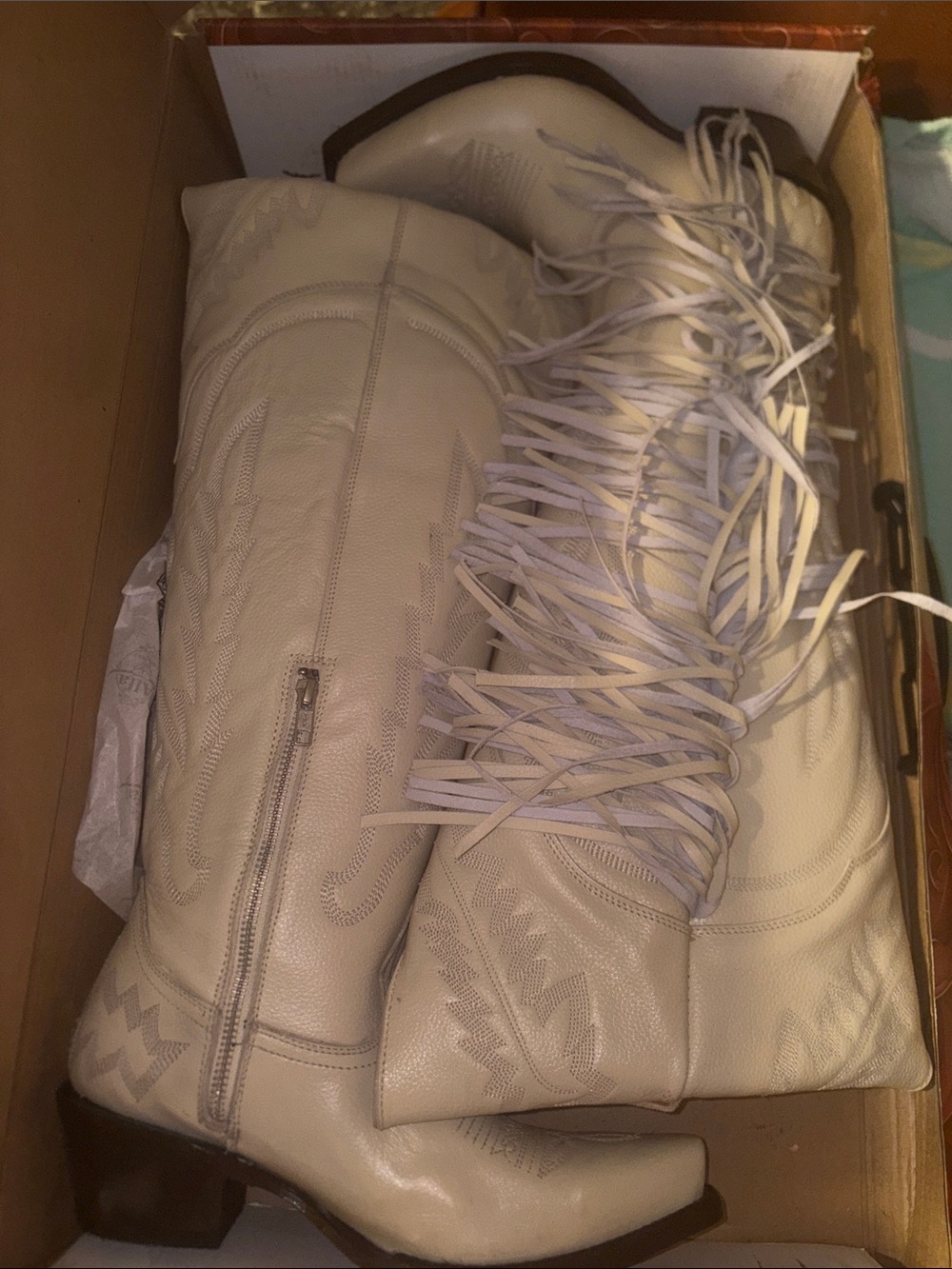 Cream Western Fringe Leather Boots - ALFA